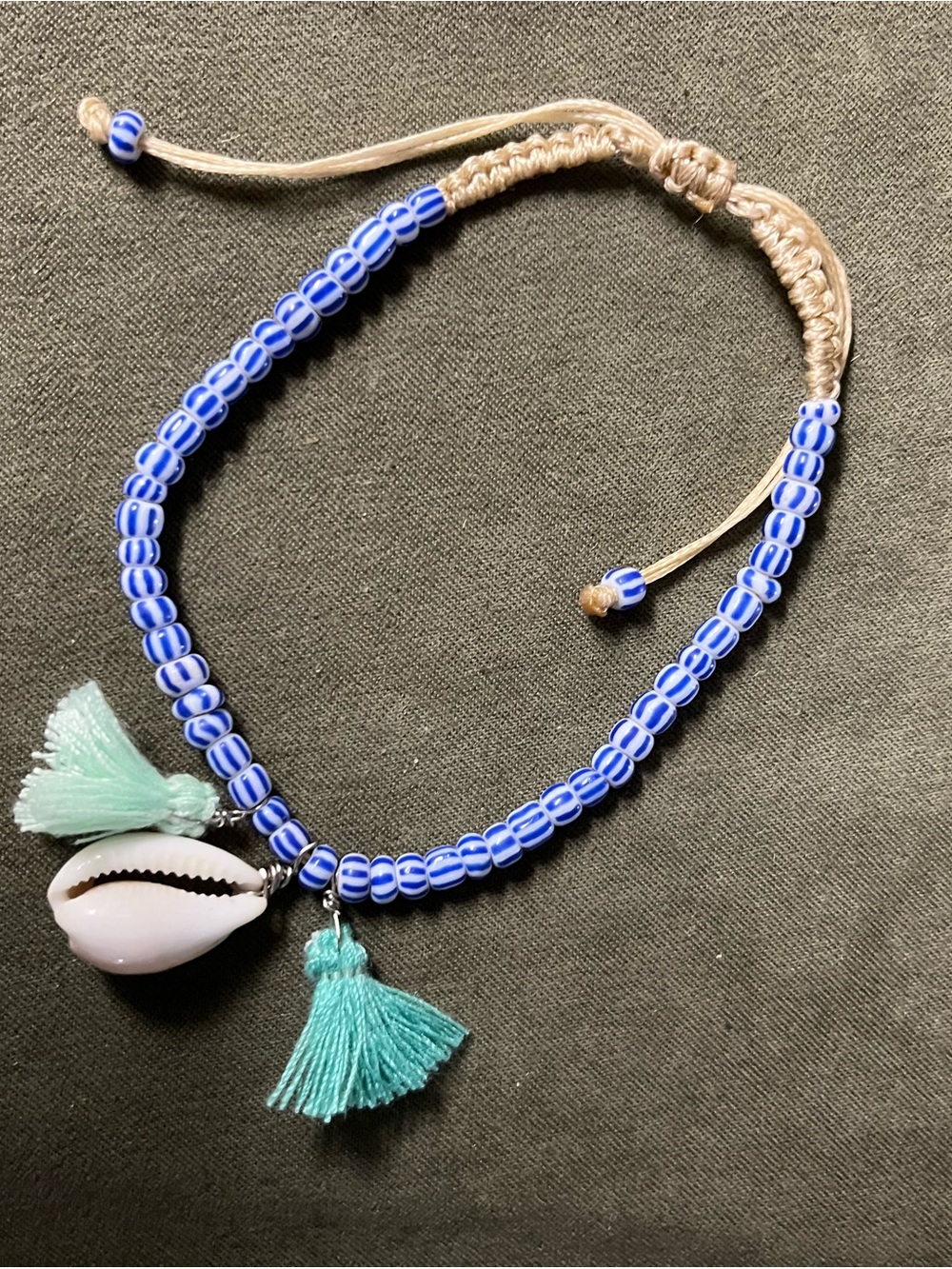 Blue Beaded Shell adj Anklet with Mint Tassels